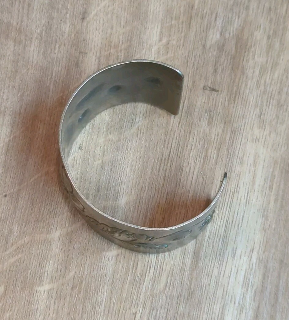Vtg Engraved Nickel Silver Floral Cuff Bracelet Adjustable