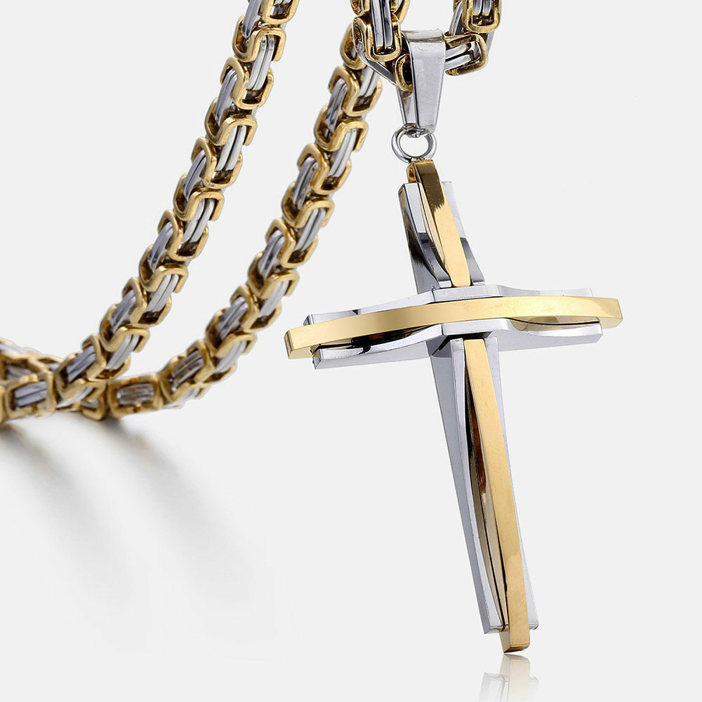 Mens Silver/Gold Plated Cross Pendant Necklace Stainless Steel Byzantine Chain