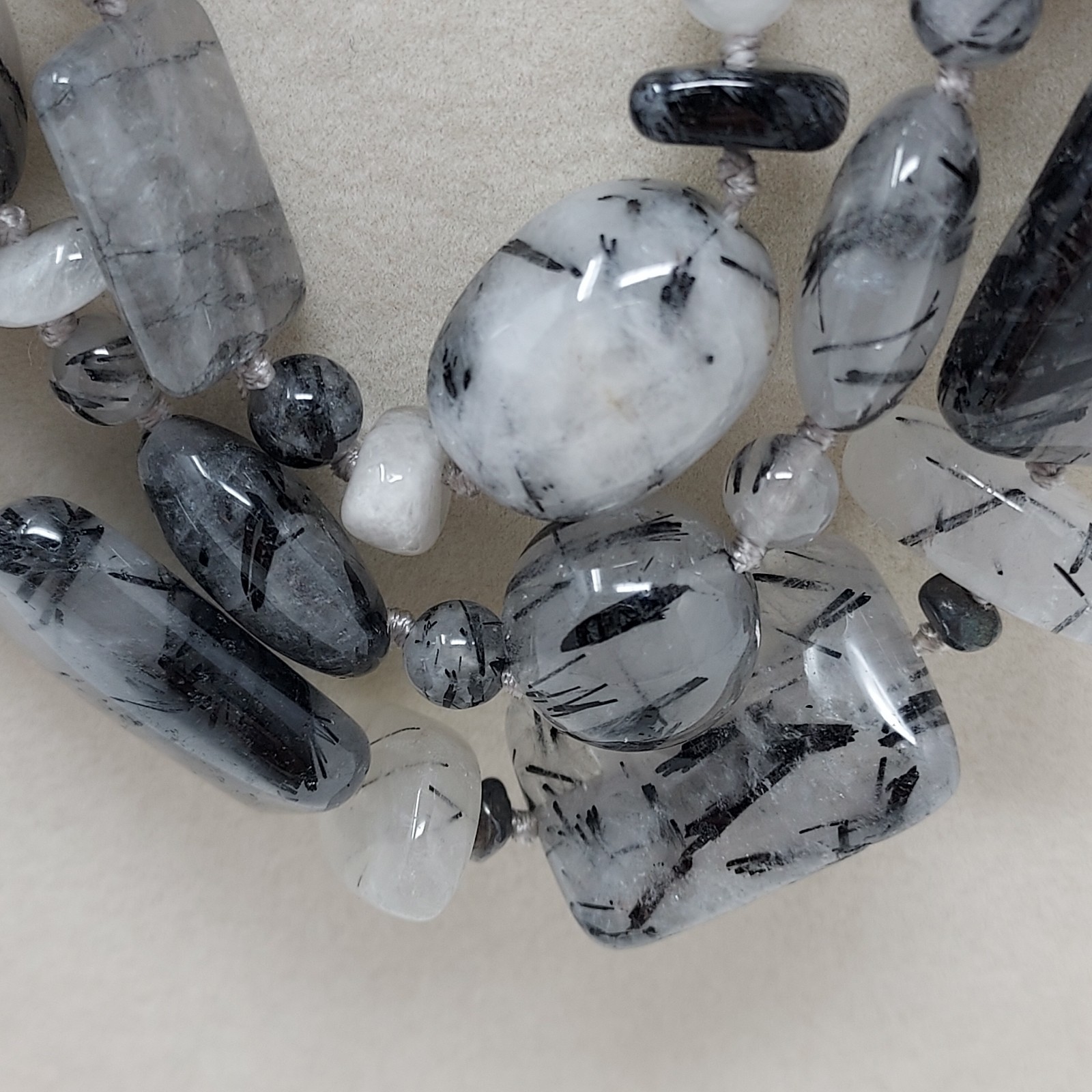 Tourmalinated Quartz Gemstone Three Strand Necklace Hand Knotted 22″ to 24″