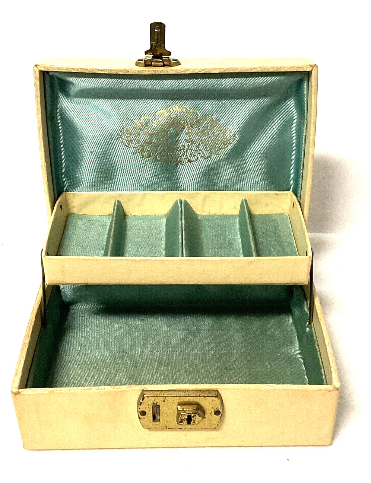 Vintage MCM 2 Level Beige/Gold Jewelry Box Sage Green Interior Flip Lock No Key