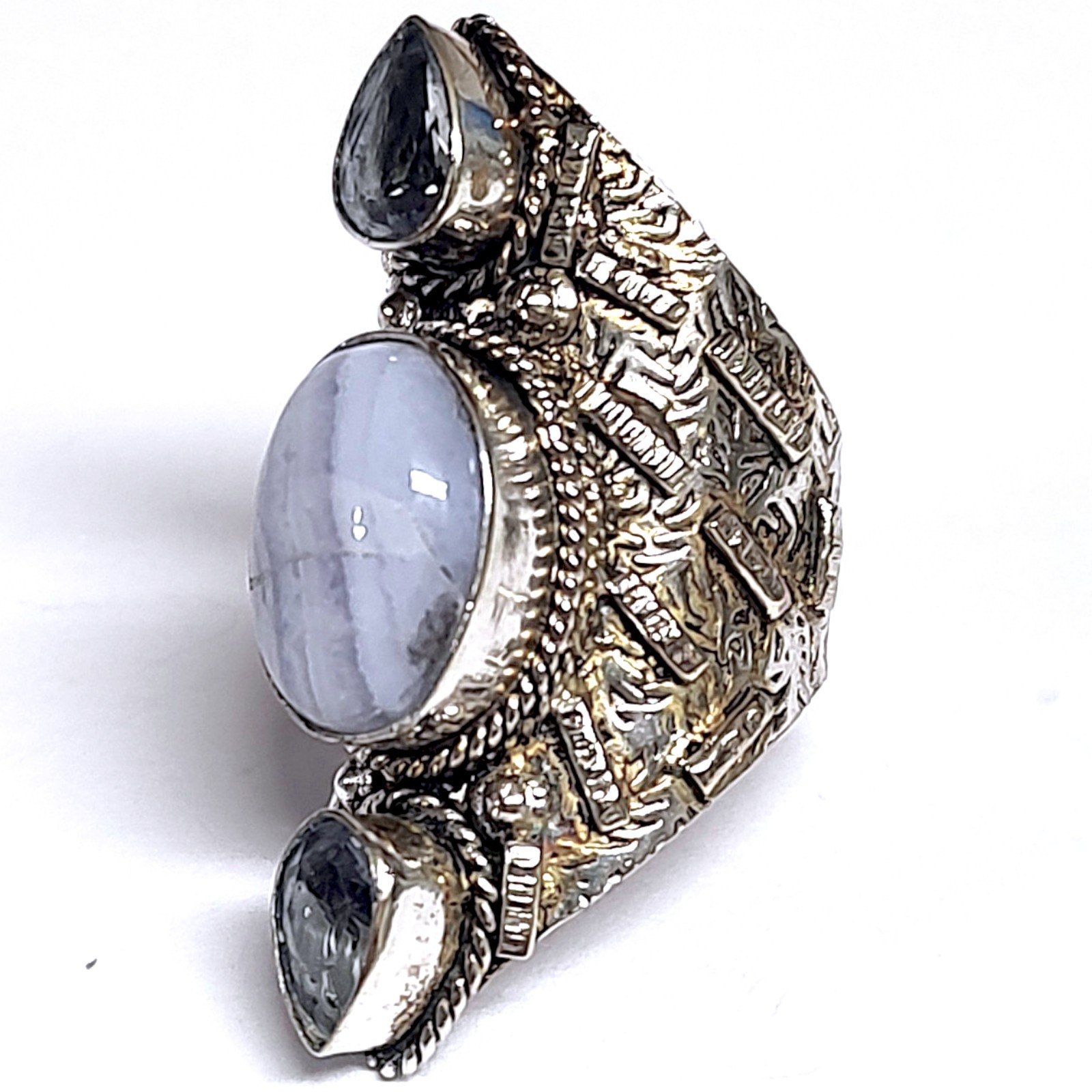 Huge Sterling 925 Blue Chalcedony Cabochon Full Finger Statement Ring Size 8.5