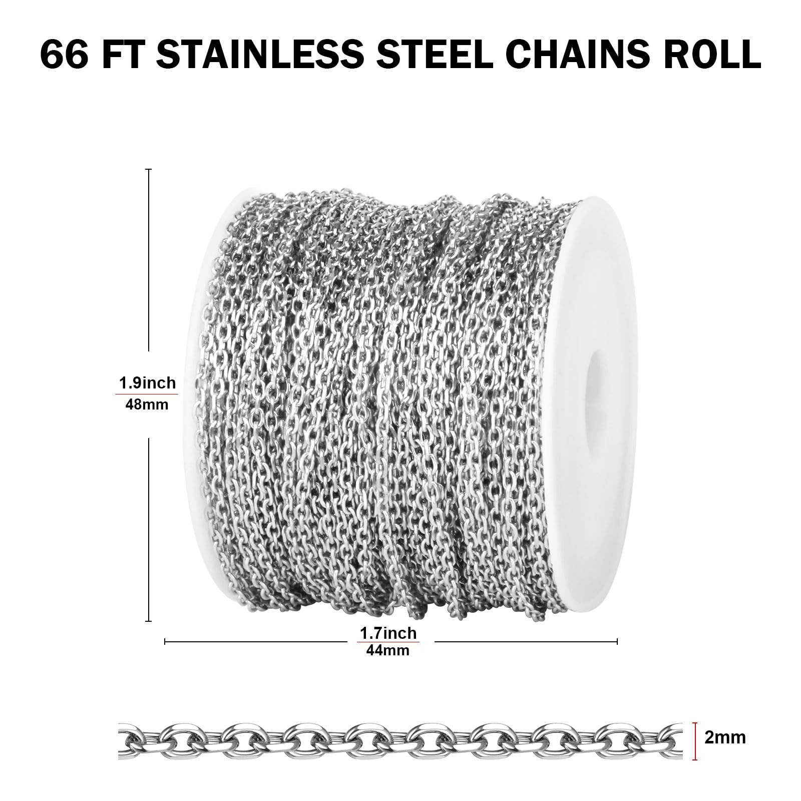 [66 FT] Stainless Steel Rolo Cable Chains Bulk for Jewelry Making, 2mm 304 St…