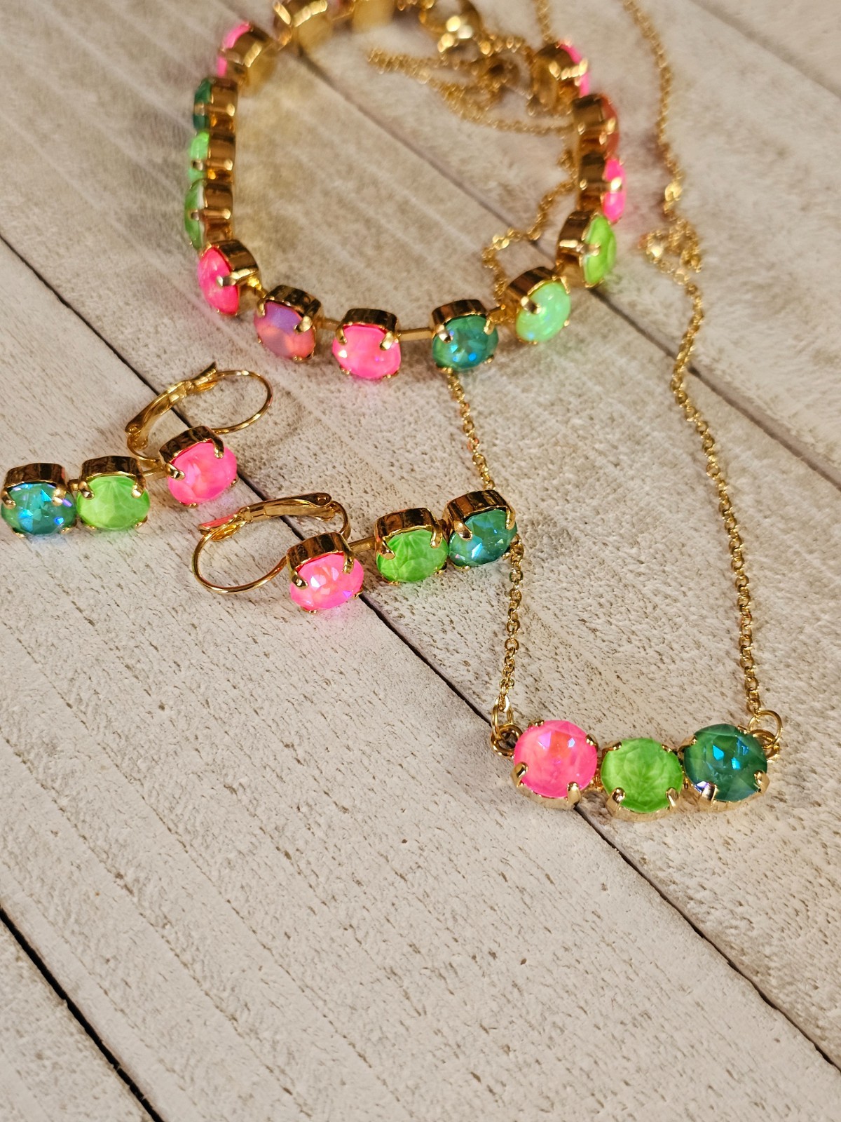 B1-22 Watermelon Mojito Pink Lime Crystal Earrings Cup chain 3pc Jewelry Set