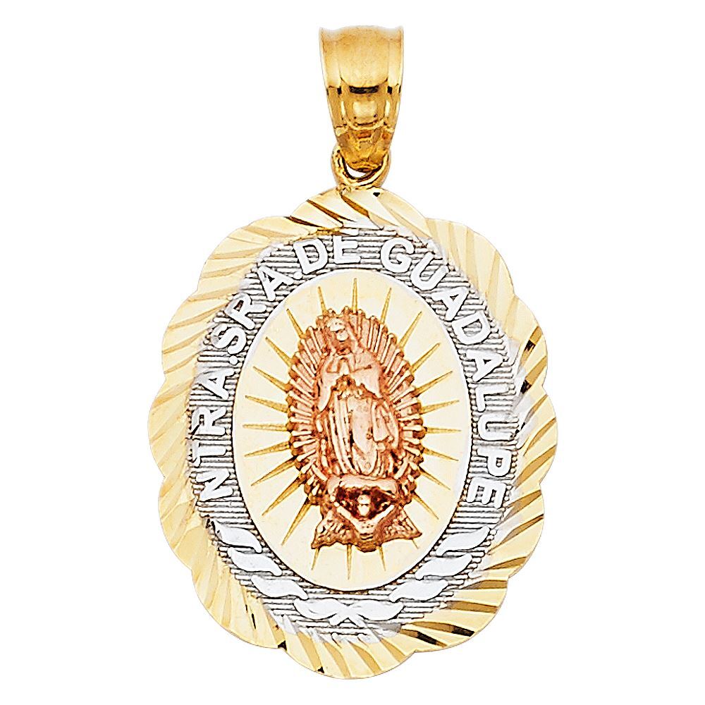 14K Tri Color Gold Religious Guadalupe Charm Pendant & 1.2mm Box Chain Necklace
