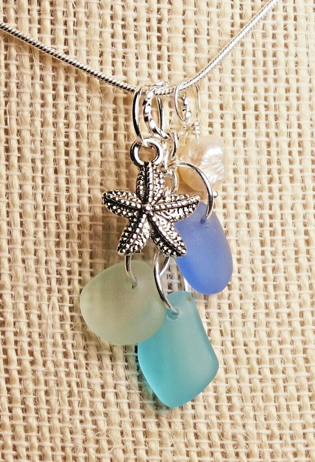 COASTAL BLUES Sea glass jewelry handmade cluster w STARFISH +PEARL Necklace