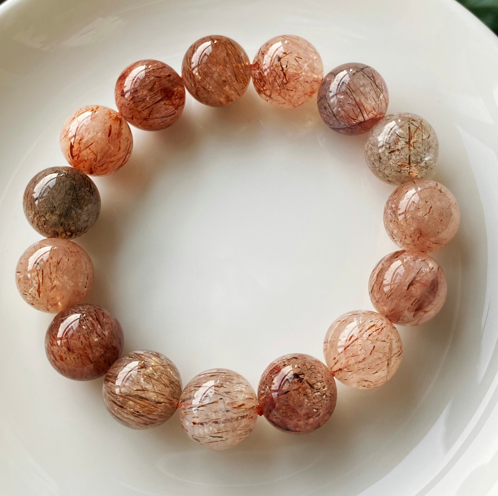 13.4mm Natural Red Gold Rutilated Quartz Crystal Beads Bracelet C758