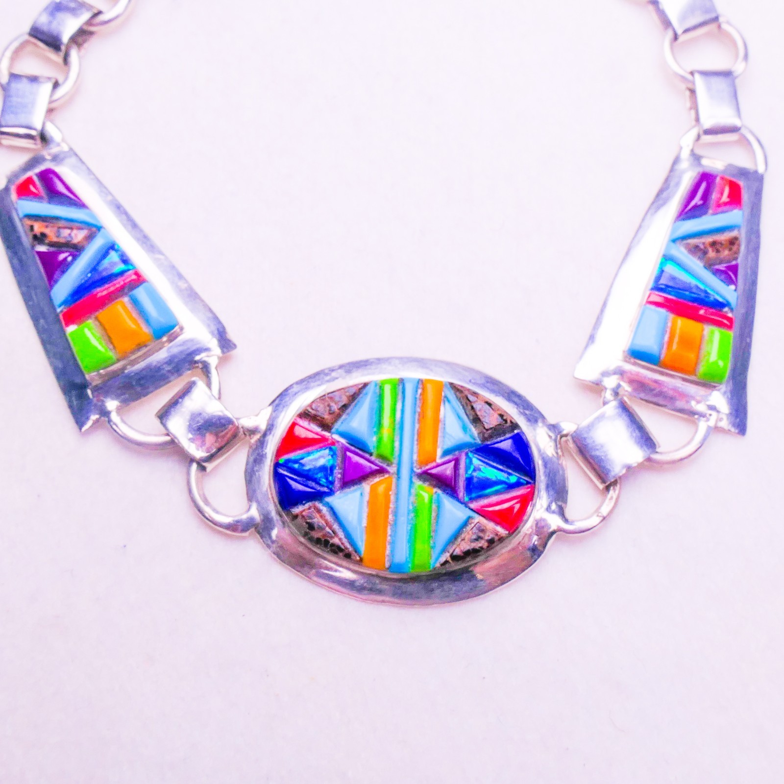 Native Sterling Silver Multi-Gemstone Inlay Cobblestone Toggle Bracelet 17.55g