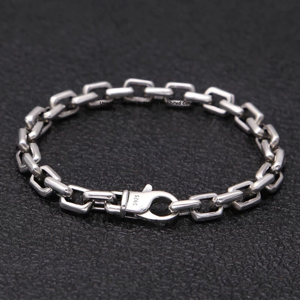 Solid S925 Sterling Silver Chain Men Women 7mm Square O Link Bracelet 7.1-8.7in