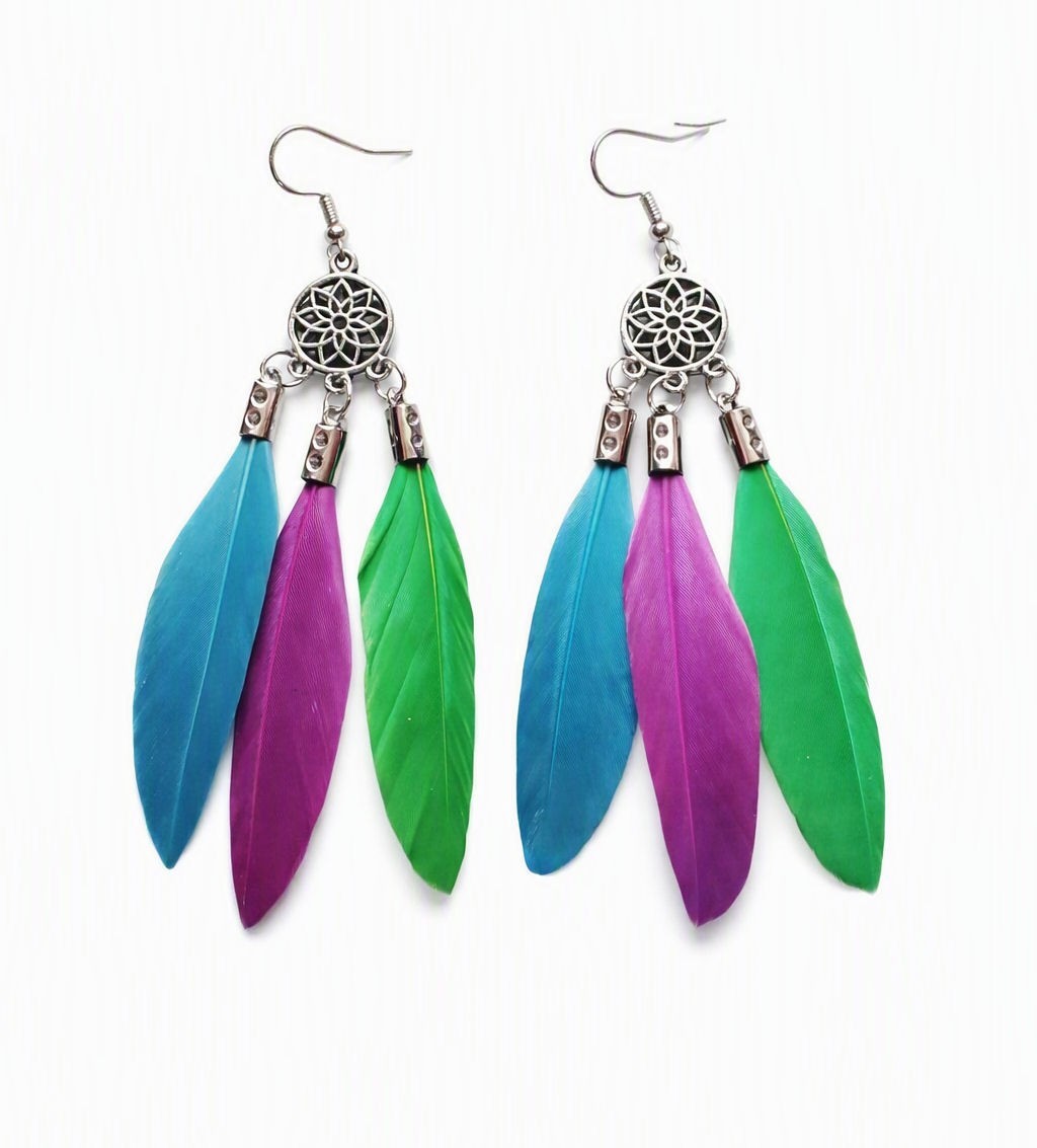 Aqua Blue Purple Green Feather Earrings Boho Dreamcatcher Dangle Handmade