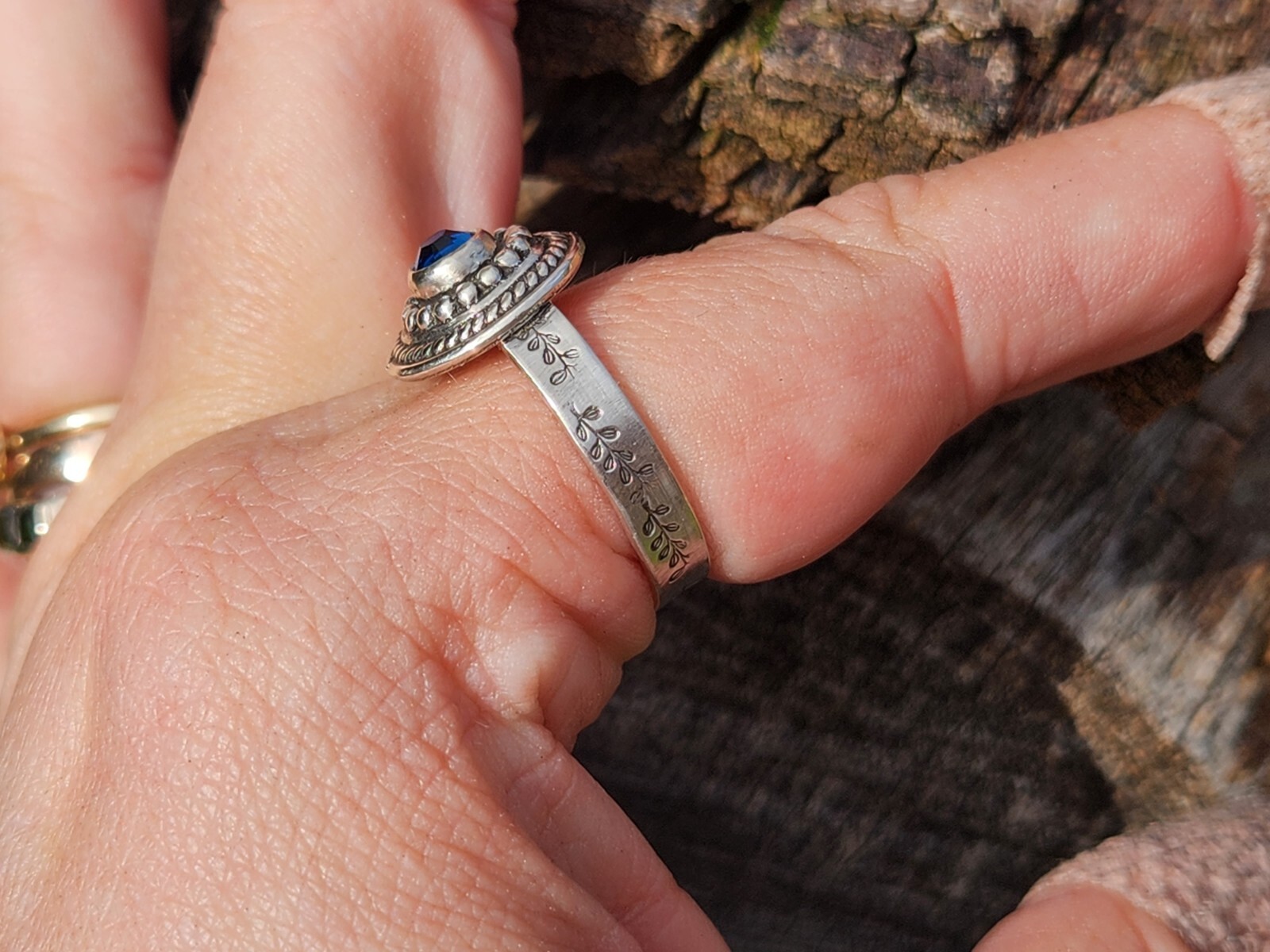 Handmade Sterling Silver Blue Swarovski Crystal Ring, Size 9.5, Leaf Leaves Band