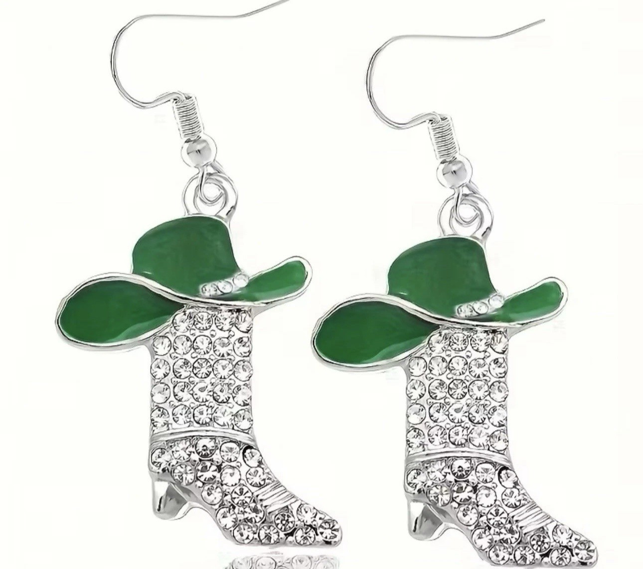 Silver Tone Western Boot & Green Cowboy Hat Rhinestone Dangle Hook Earrings