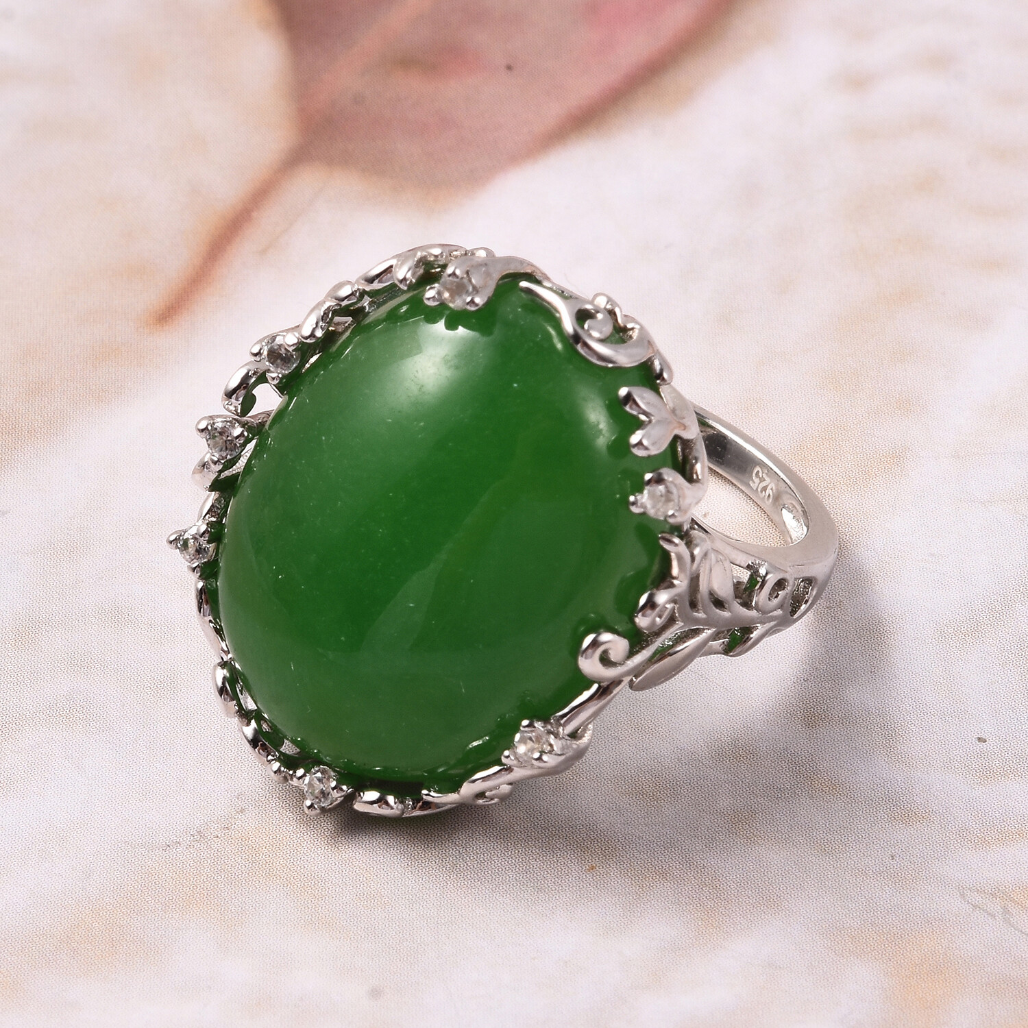 Burmese Green Jade and Zircon Ring in Sterling Silver (Size 9.0) 23.40 ctw