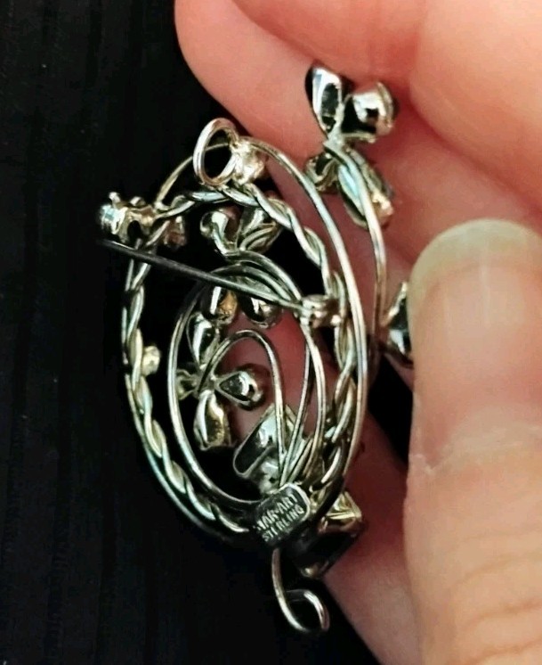 Vintage STAR ART Sterling Silver Twist Blue & White Crystal Flower Pin Pendant