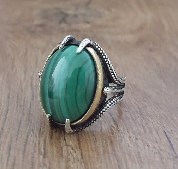 Solid 925 Sterling Silver Natural Green Malachite Gemstone Men’s Unisex Ring