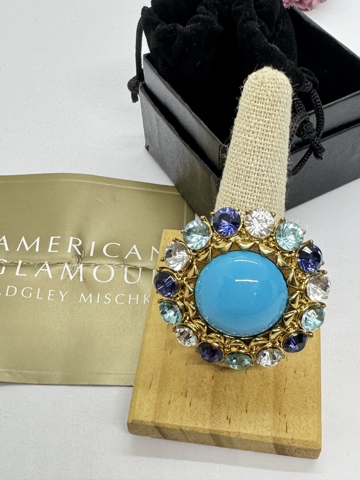 Badgley Mischka Turquoise Blue Clear Rhinestone Cocktail Ring Size 10