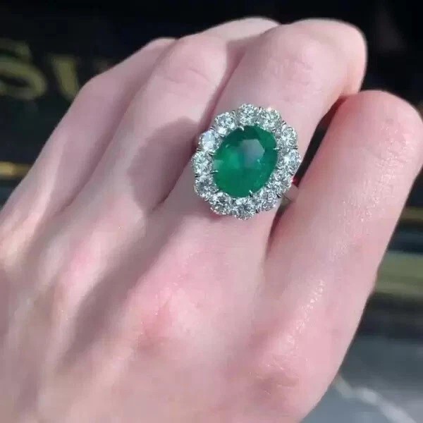 4.30 ct Oval Cut Emerald & Diamond Engagement Ring 14K White Gold
