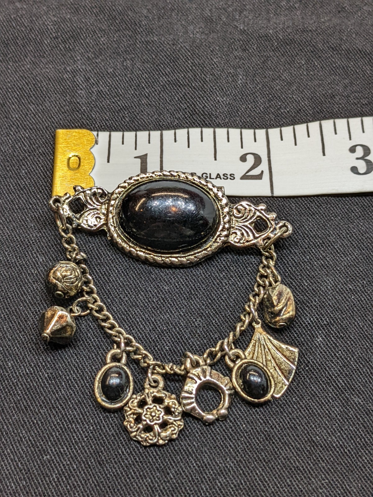 Vtg Victorian Revival Dangle Charm Brooch Black Cabochon Bronze Tone Emo Gothic