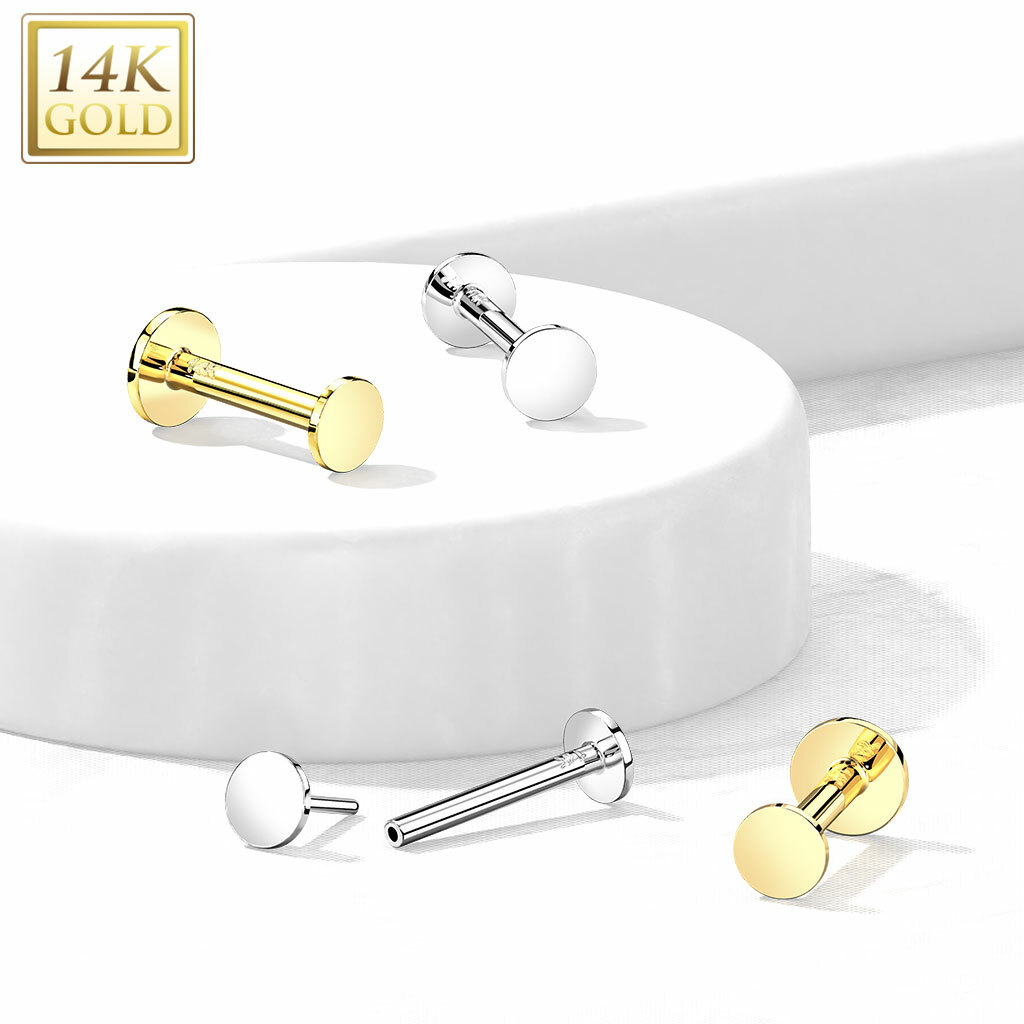 14K Solid Gold Flat Round Top Threadless Push-In Labret Ear Cartilage Helix 16G