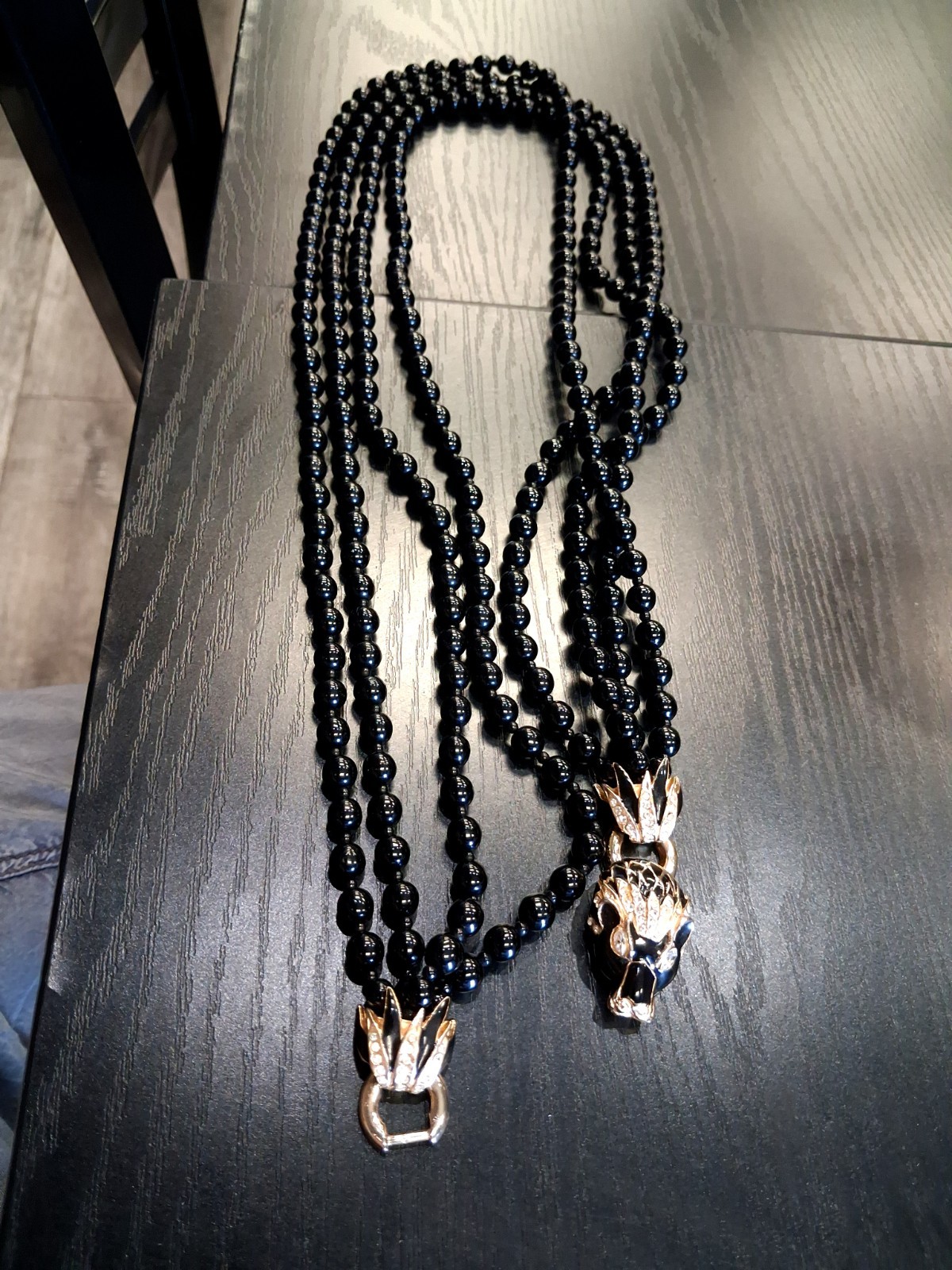 Vintage Gay Boyer Signed Black Beaded Statement Necklace Lion Head Clasp