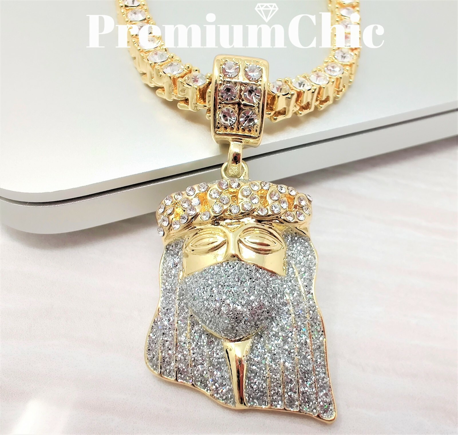 ICED Jesus Pendant & Tennis Choker Chain Gold Plated Hip Hop CZ Necklace Jewelry