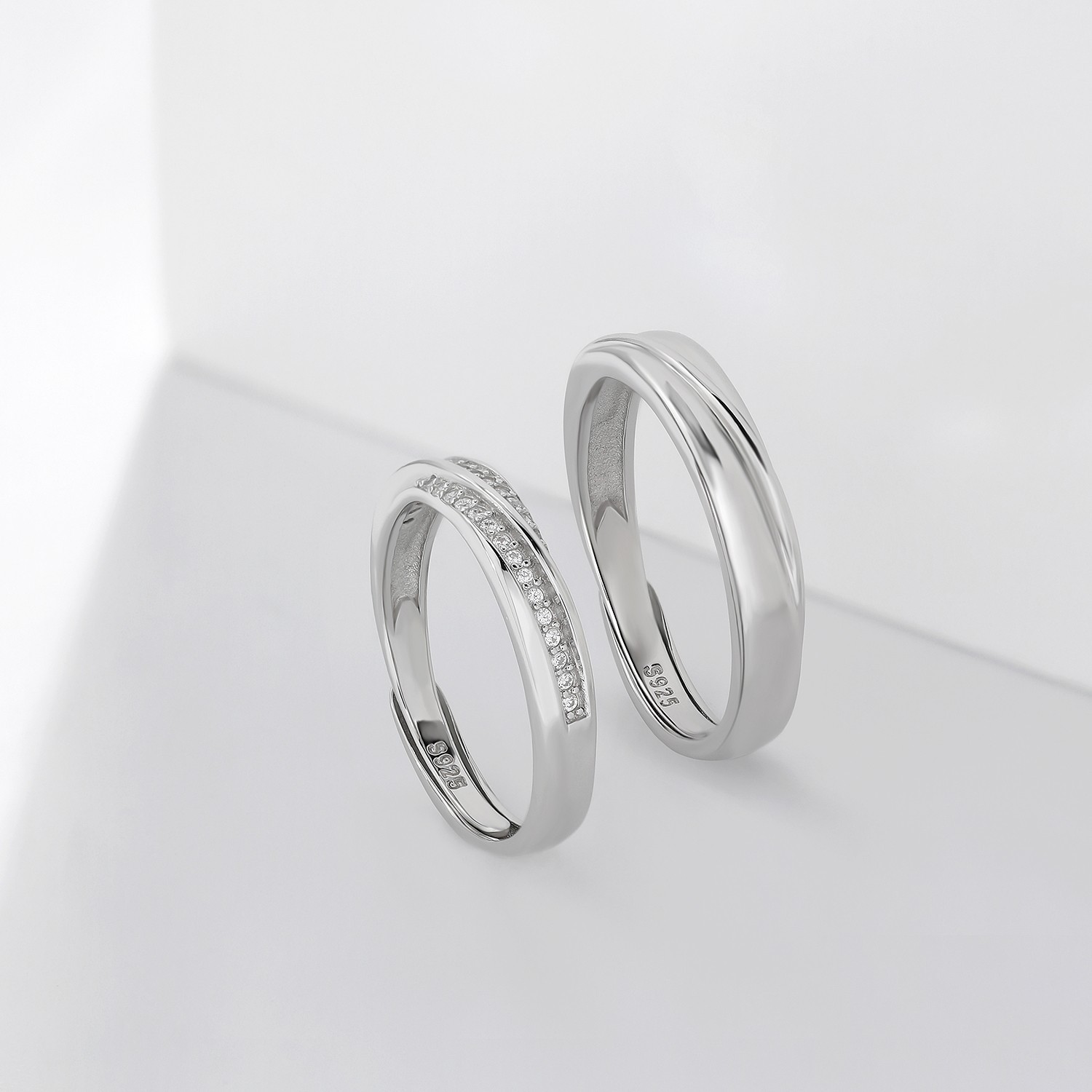 Meissa 2Pcs Couple Rings 925 Sterling Silver Wedding Bands Adjustable Promise