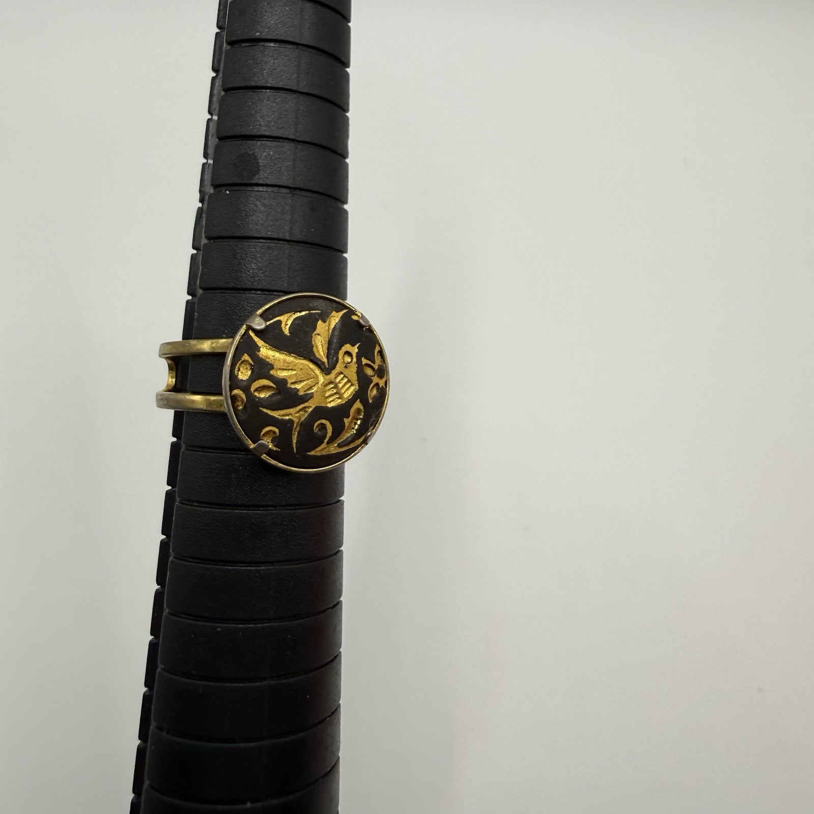 Vintage Toledo Damascene Bird Ring Gold Inlay Adjustable Statement Band