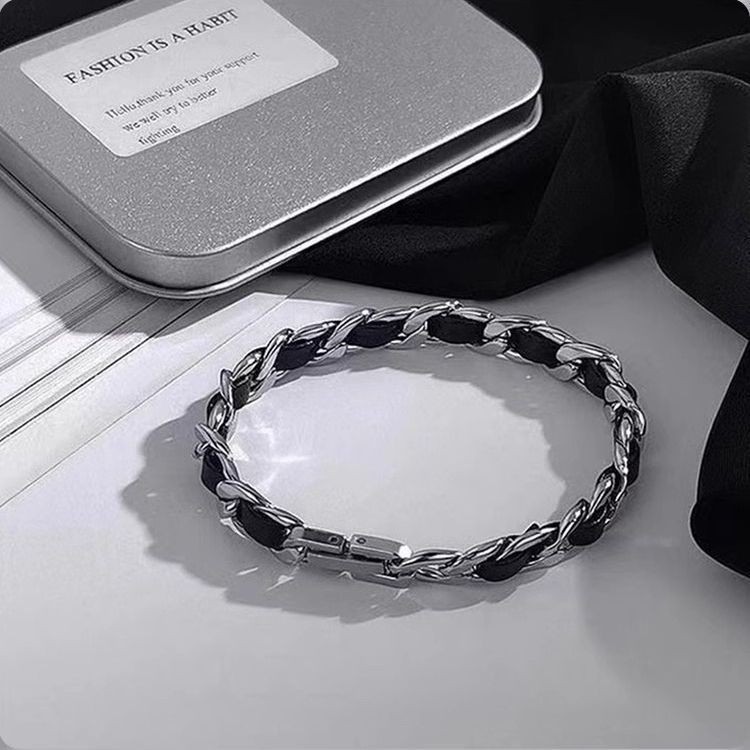Silver Titanium Black PU Leather Jewelry Necklace Bracelet Chic Unisex Jewelry