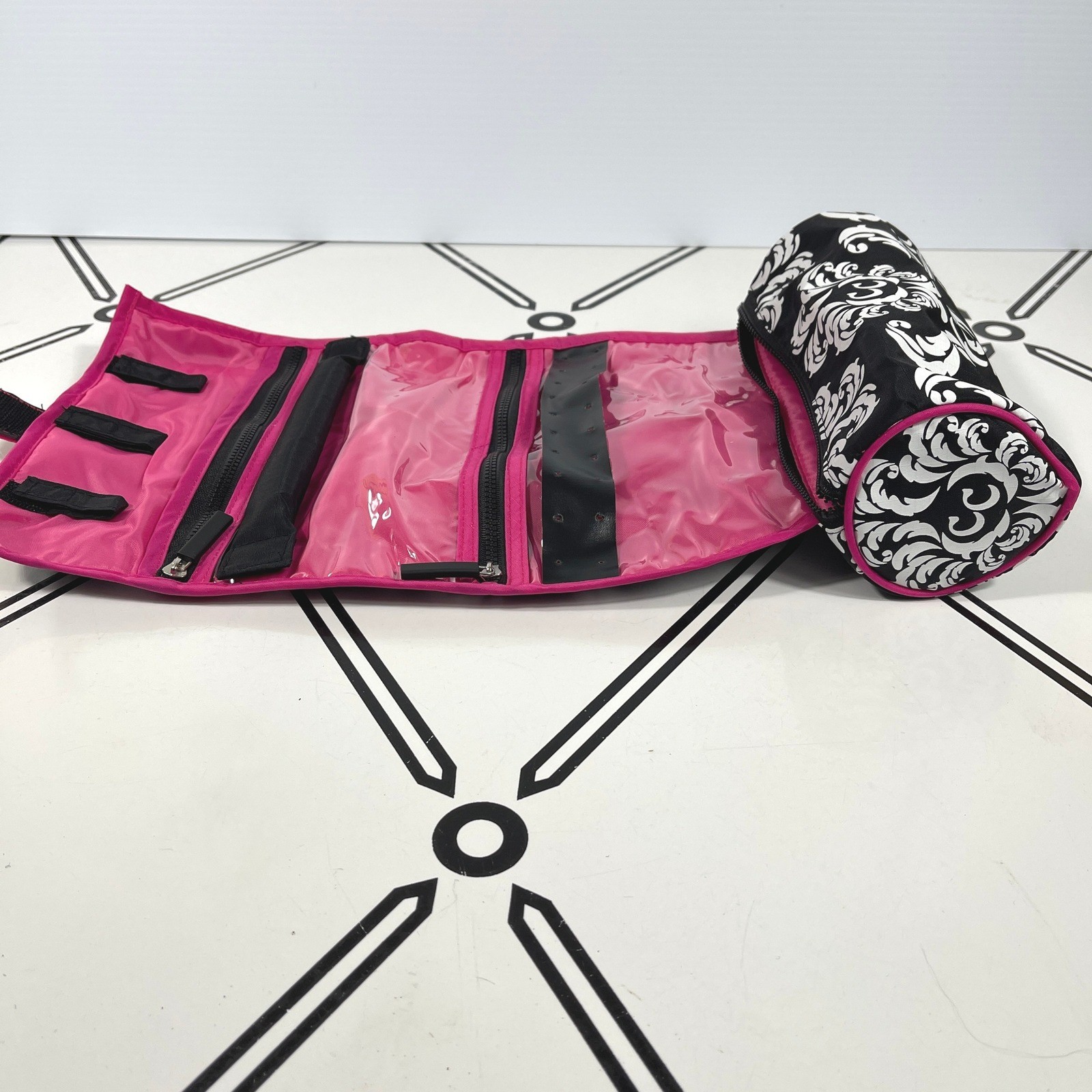 Jewelry Travel Organizer Roll Up Bag On a Roll Damask Pink