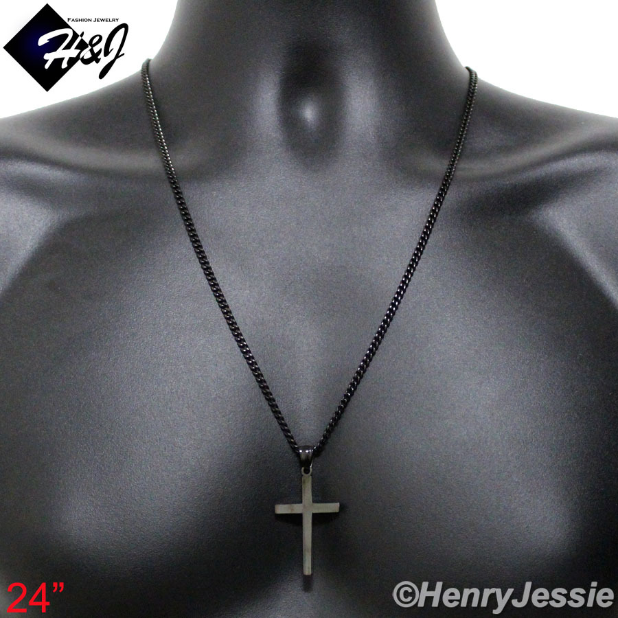 18-36″Stainless Steel 3mm Black Plated Cuban Curb Chain Plain Cross Pendant*P29