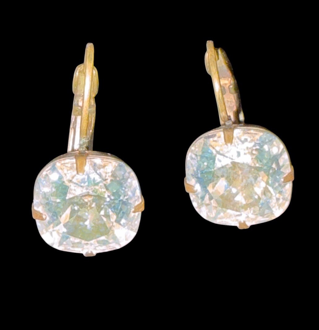 Liz Palacios Crystal Cushion Cut Drop Earrings Gold Tone Signed Statement