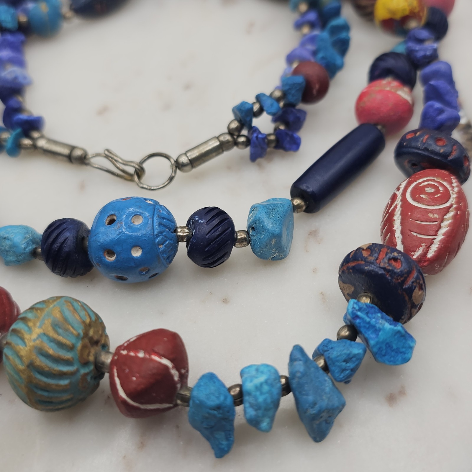Vintage Artisan Beaded Necklace Mixed Media Tribal Ethnic 28″ Handmade Unsigned