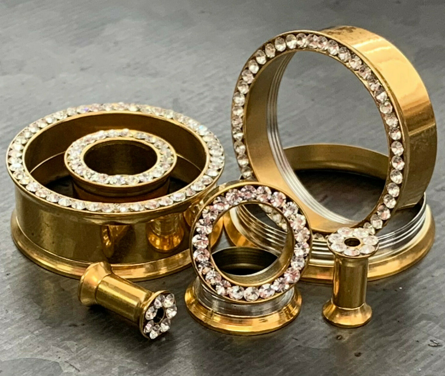 PAIR Gem Rim Gold Double Flare Tunnels Internally Threaded Plugs Earlets Gauges