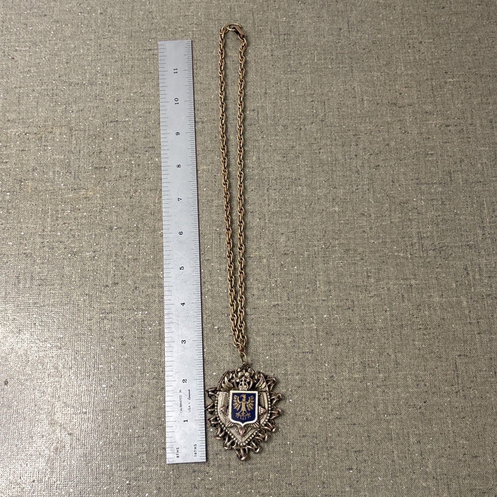 Heraldic Crest Crown Polish Eagle Pendent Necklace Gold Tone Blue Shield Vtg