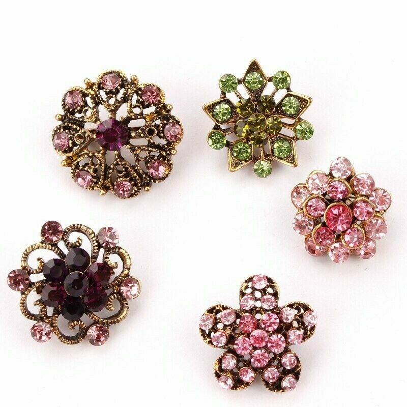 24pc Vintage Brooch Lot Mixed Alloy Rhinestone Crystal Pins Wedding Bouquet DIY