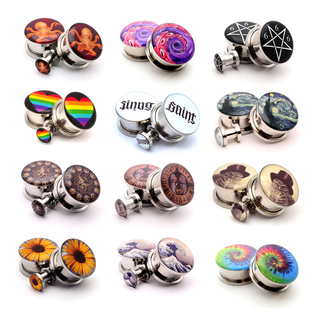 Pair of Screw on Picture Plugs gauges Choose Style and Size 16g thru 1 inch