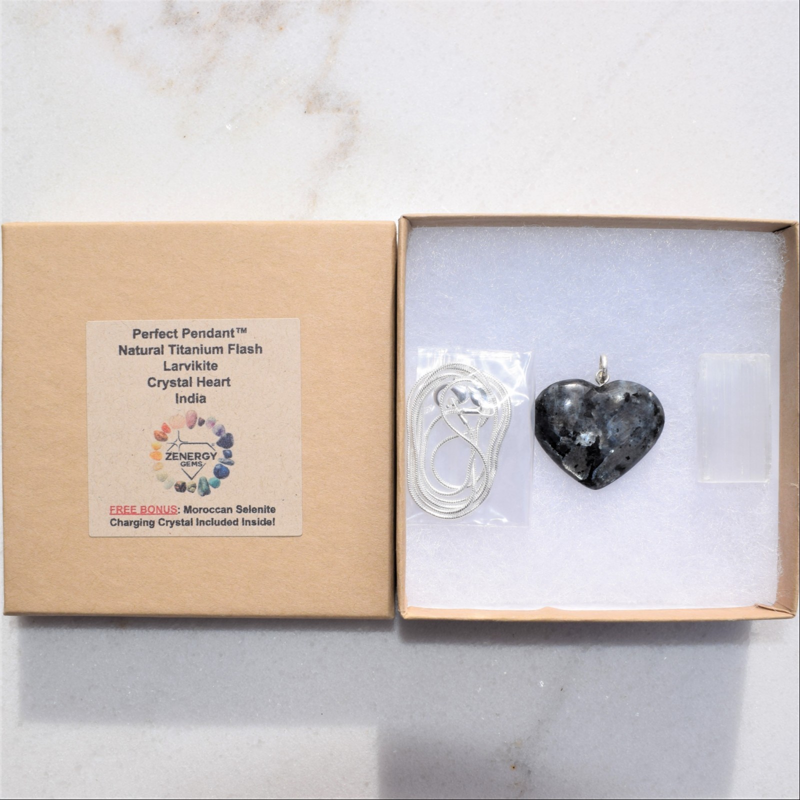 Charged Titanium Flash LARVIKITE Heart Pendant + 20″ Stainless Steel Chain