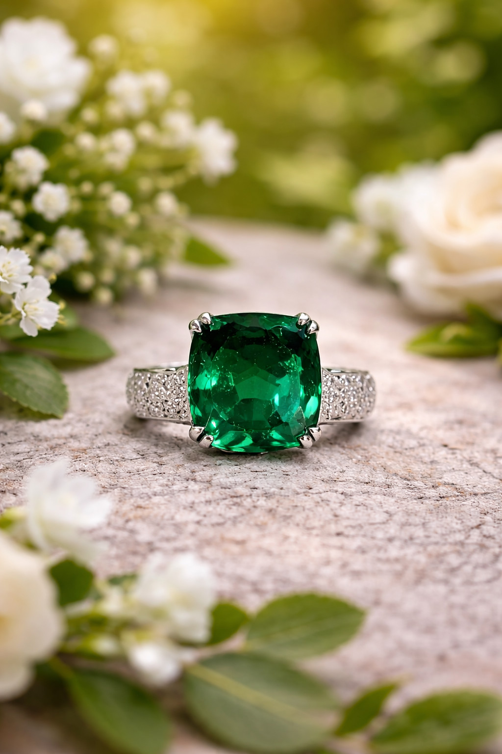 4.90 Ct Cushion Natural Emerald & Diamond Wedding Gift Ring 14k White Gold Sz 8