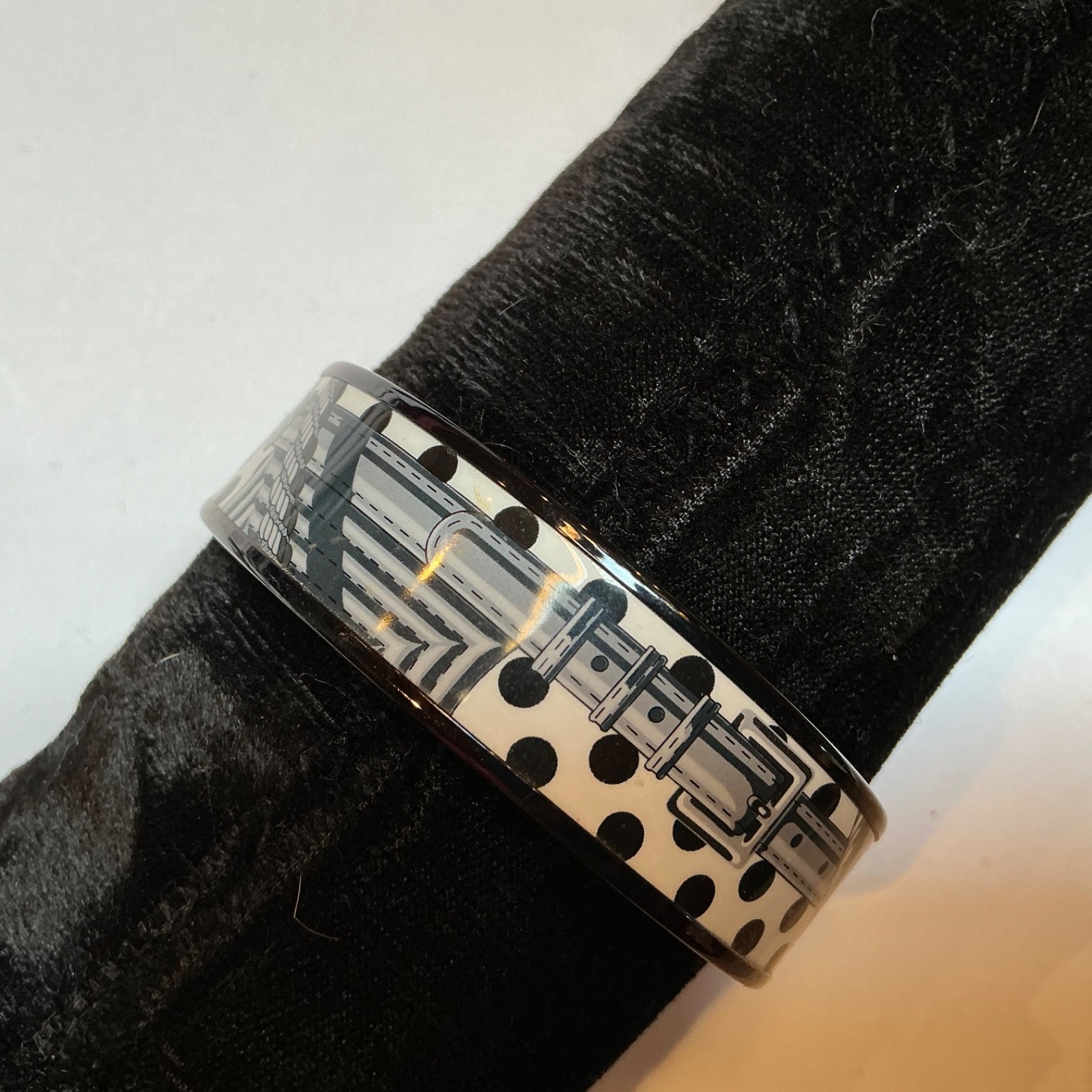 HERMES Enamel PM 65 Wide Bangle Bracelet Black rim, Black white CLIC CLAC A POIS
