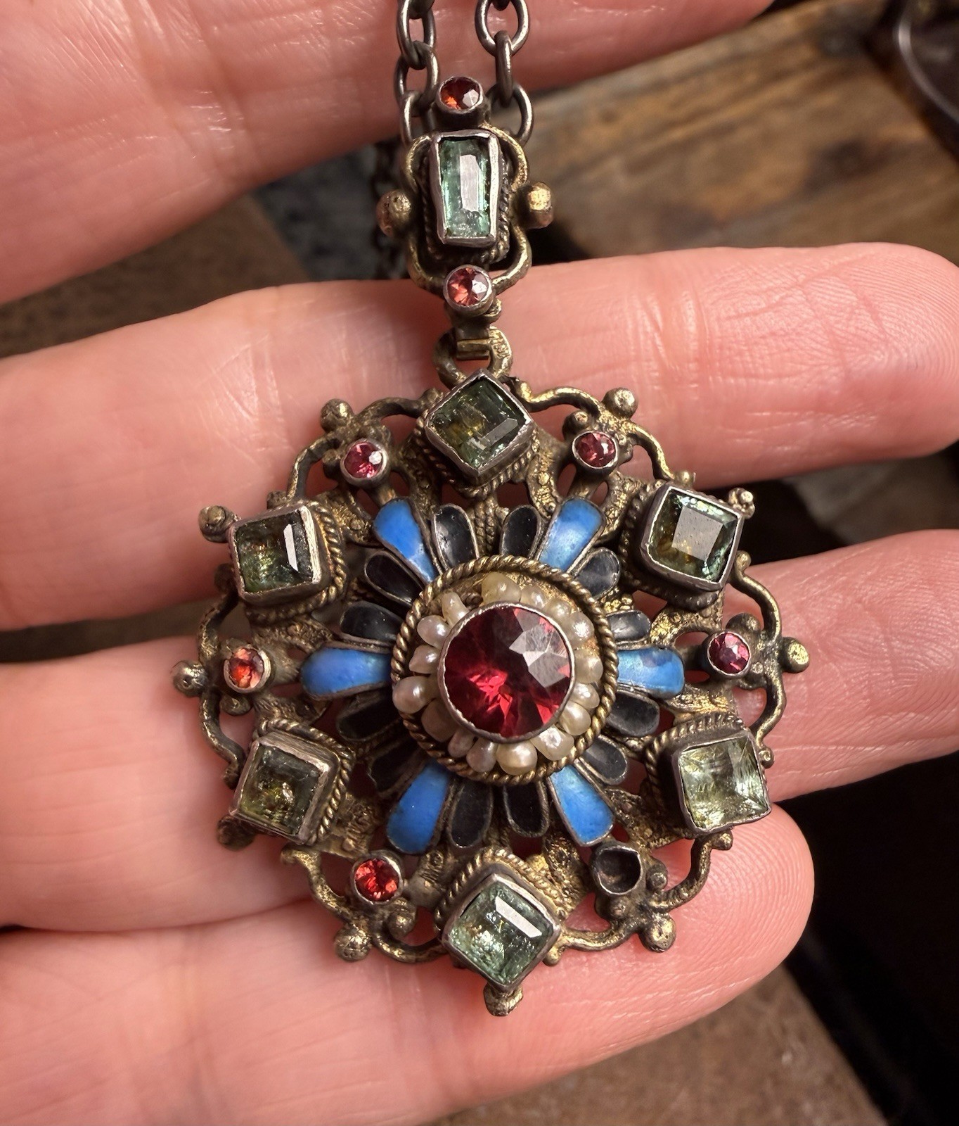 Antique Austro-Hungarian Renaissance Revival Silver Enamel Pearls Gems Necklace