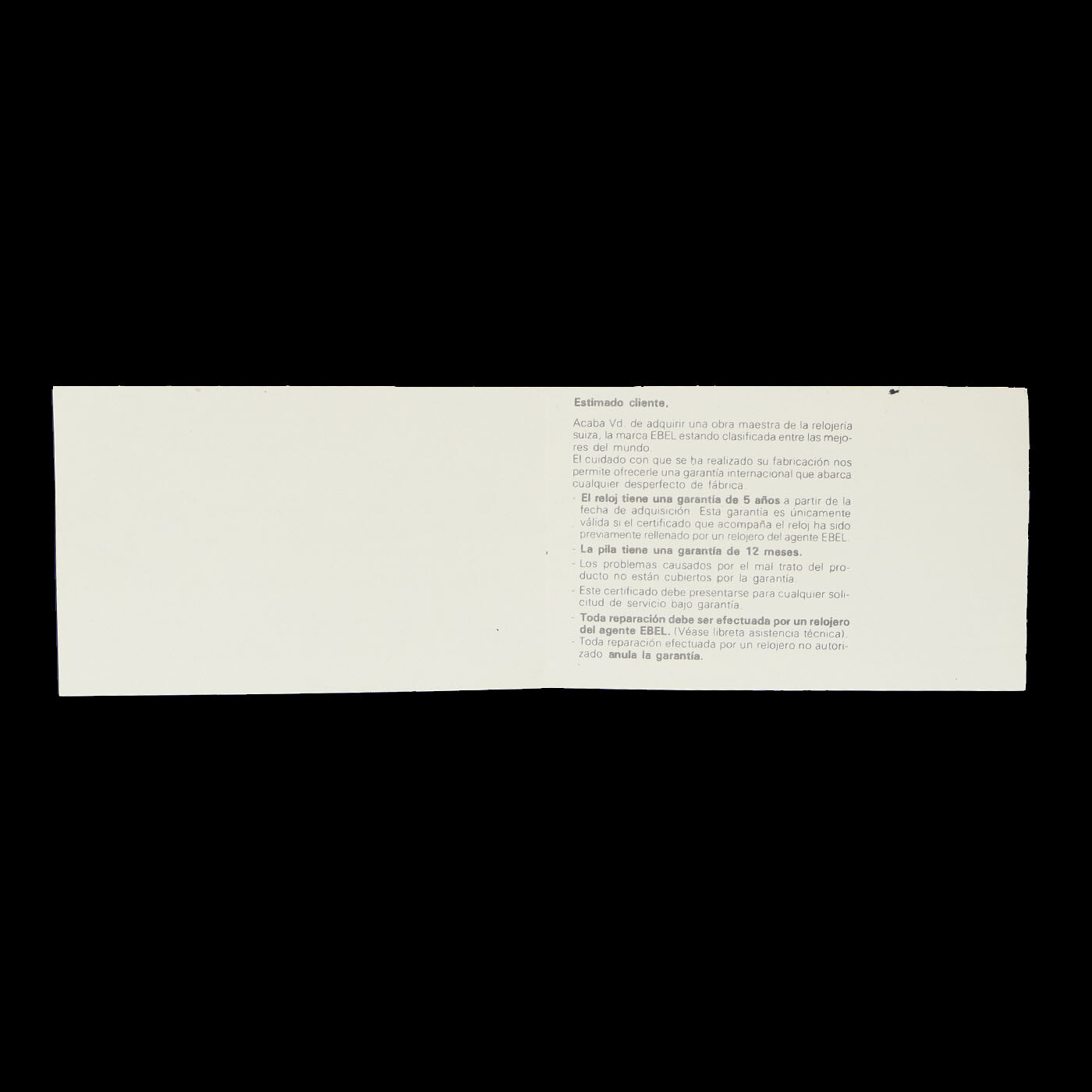 EBEL 5 YEARS CERTIFICATE OF ORIGIN AND GUARANTEE PAGE- OPEN PAPERS