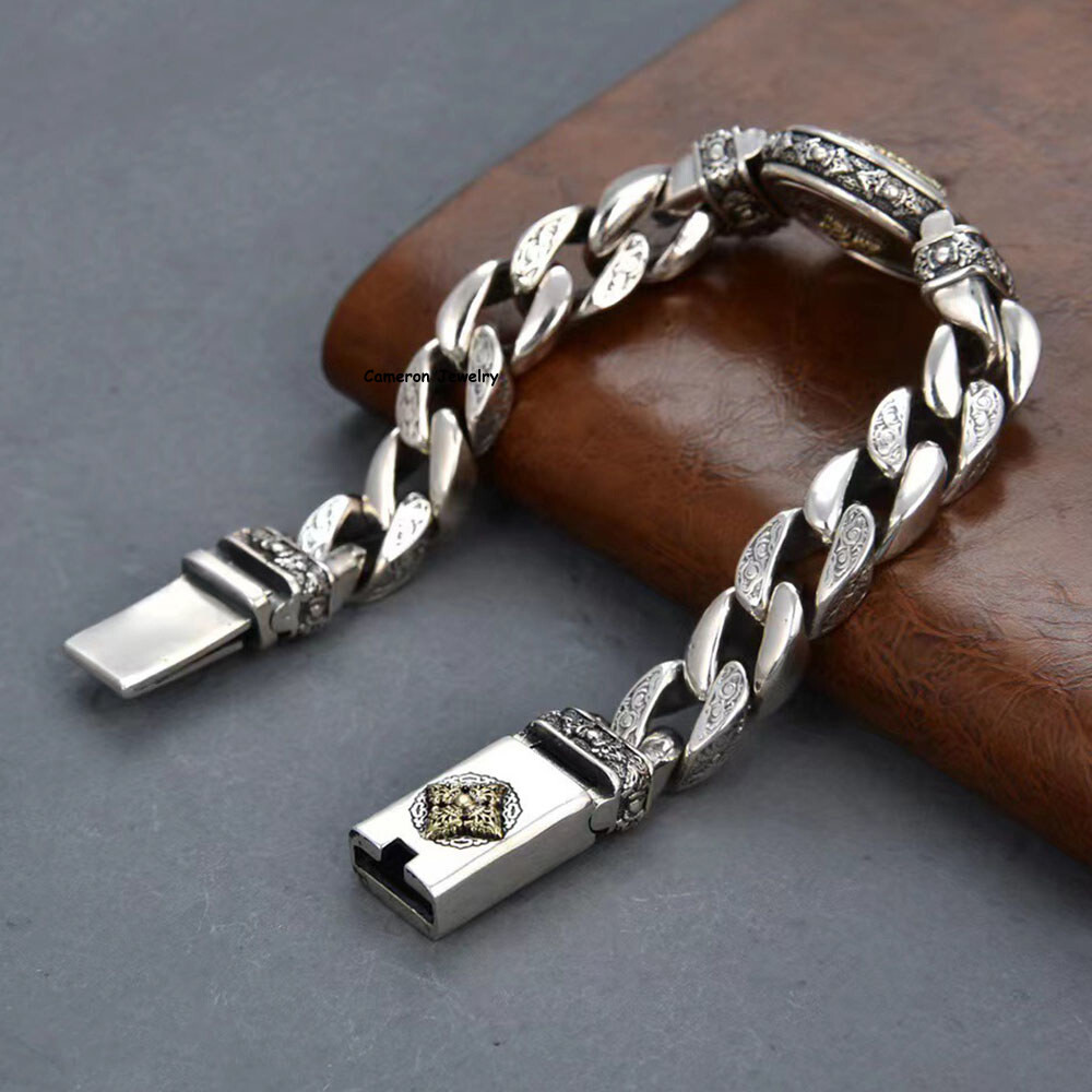 Solid S925 Sterling Silver Chain 11mm Round Vajra Curb Link Bracelet 7.1-8.7inch