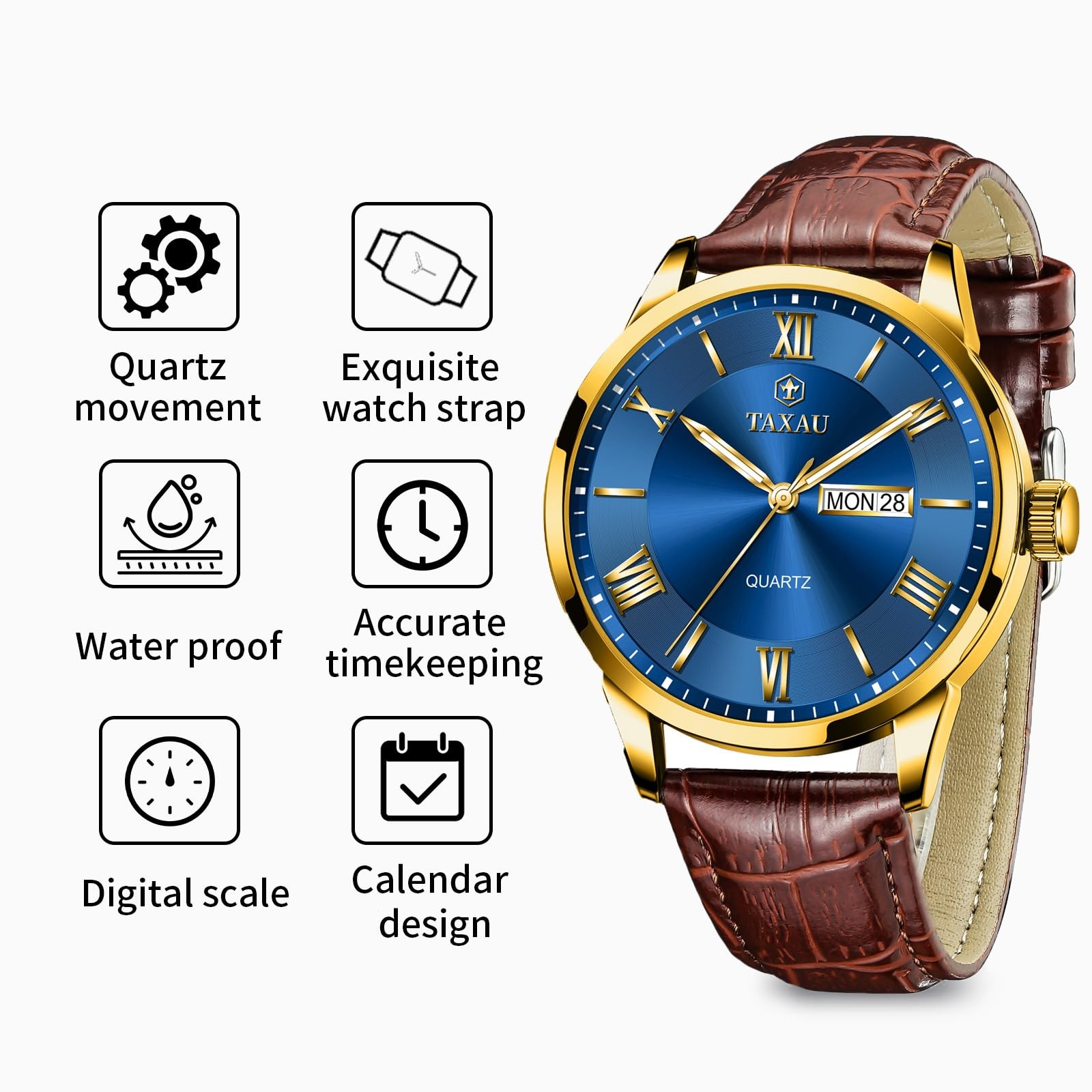 Taxau Leather Watches for Men Blue Face Classic Luxury Men’s Dress Watch Anal…