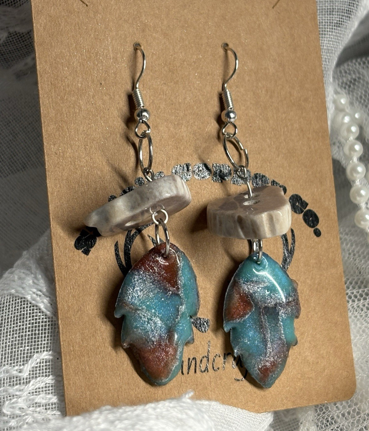 Real Antler beaded & Turquoise stone polymer clay Feather Earrings