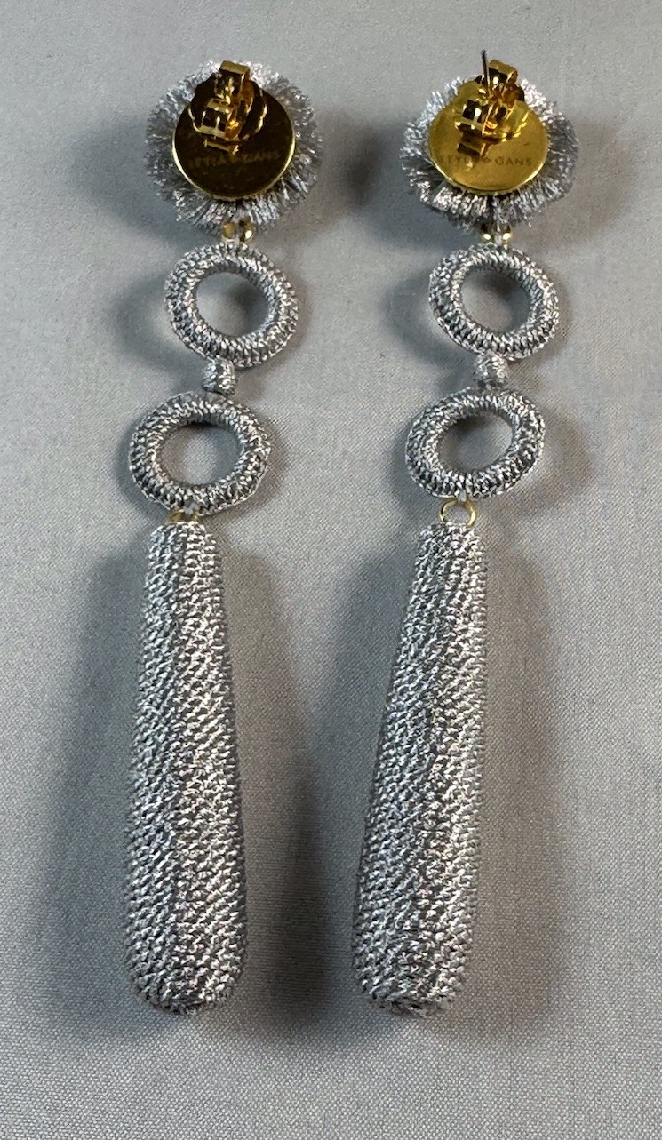LEYLA GANS Amelie Wrapped Cord Drop Earrings ~ Metallic Silvertone cord~ Pierced
