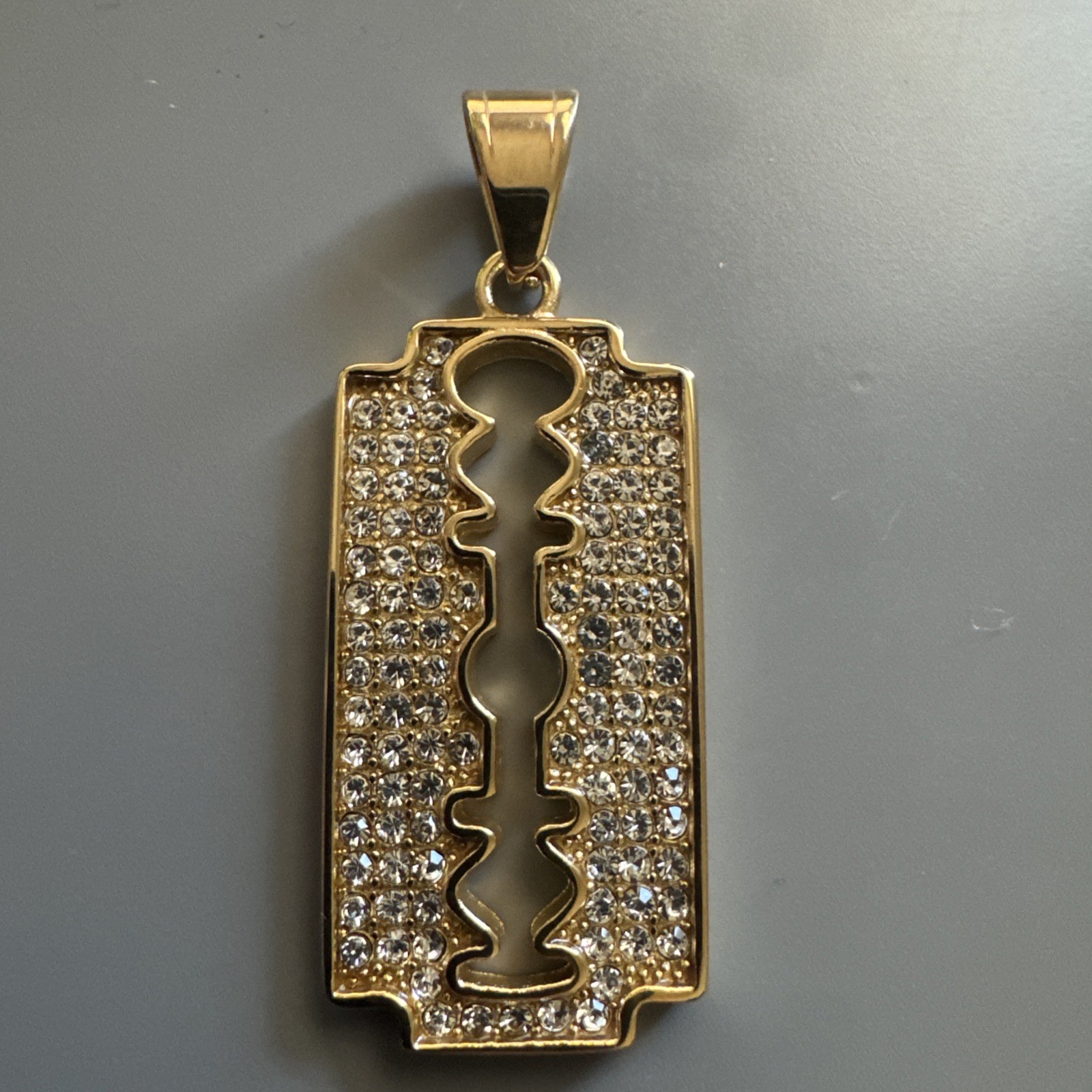Blade Pendant Gold Plated Cubic Zirconia Stainless Steel 24 Inch Chain Razor