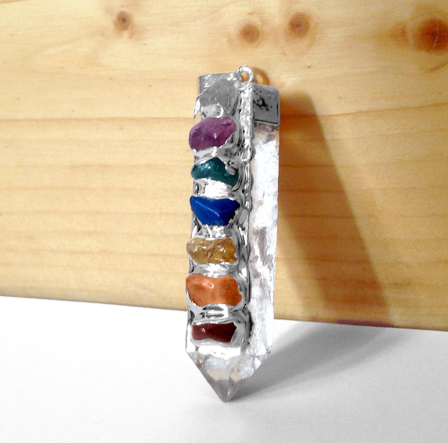 Quartz 7 Chakra Pendant FuNkY Crystal Point Sterling Silver Necklace CHARGED Rei