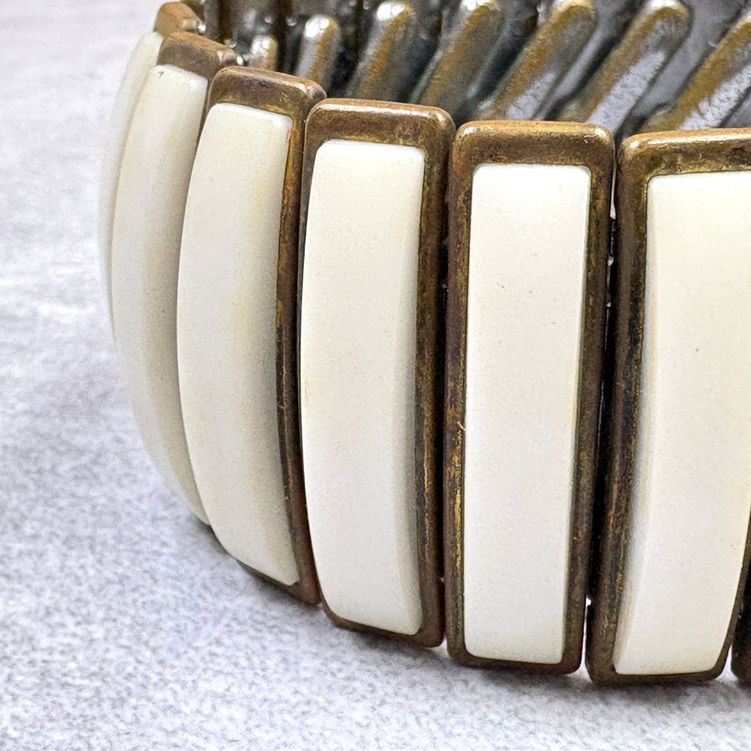 Stretch Panel Bracelet Cream Resin Bronze Tone Geometric Flexible