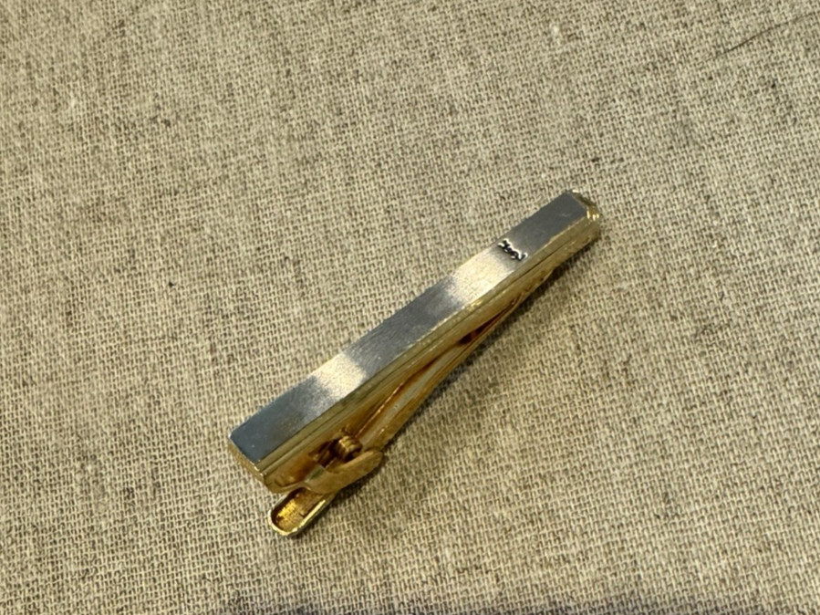 Signed YSL Yves Saint Laurent Tie Bar Clip Clasp Gold Silver Tone Logo Vintage