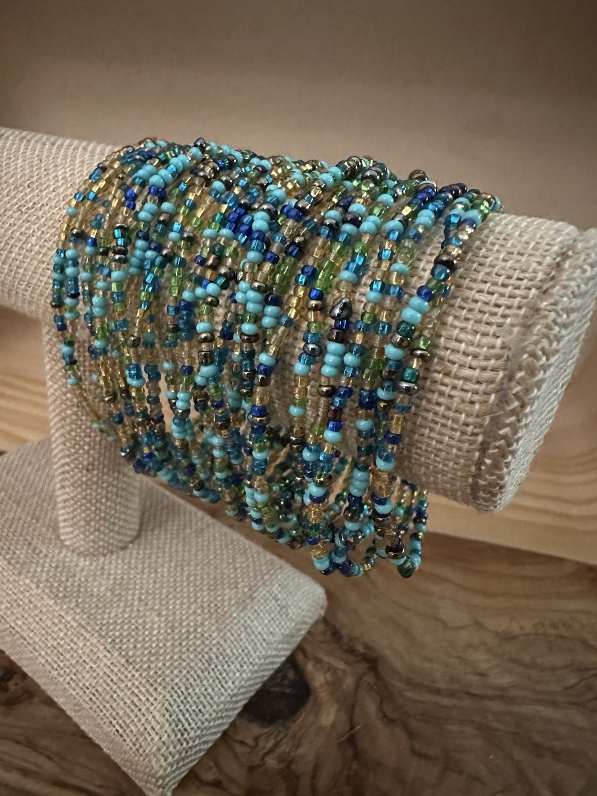 Artisan Seed Beaded 7.5 Wrap Cuff Bracelet Multi Blue Gold Double Toggle Closure
