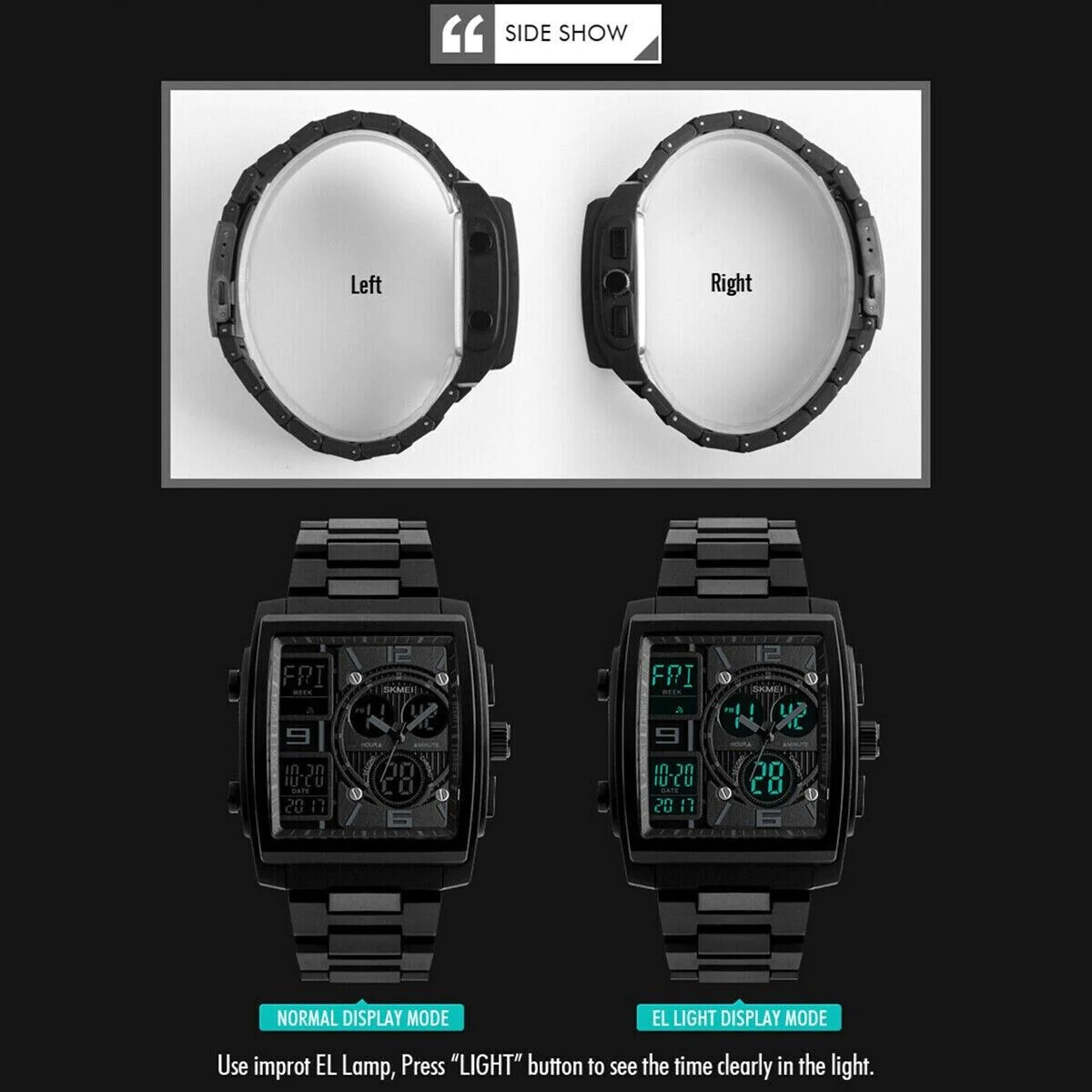 Men’s Military Sport Watch 50M Waterproof LED Dual Time Zone Alarm Chronograph